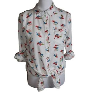 White Parrot Print Blouse Sz L Tie Front Roll-Tab Sleeves Light Novelty *STAIN*